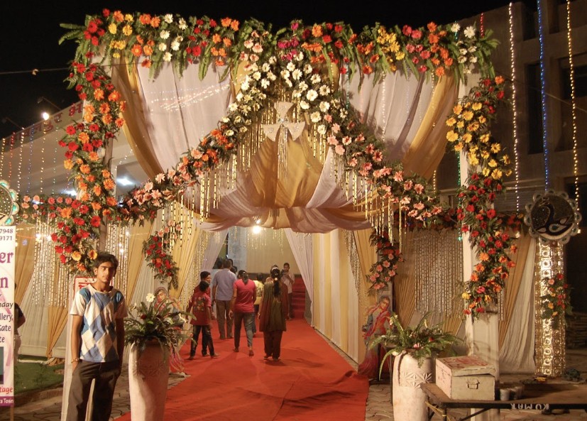 Marigold garlands at a festival